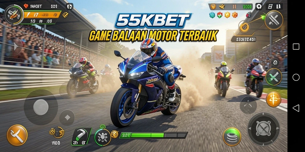 Tangkapan layar gameplay 55KBET yang menunjukkan aksi balapan motor yang mendebarkan.