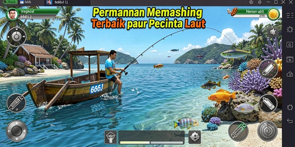 Tampilan menarik gameplay dalam 666J saat menangkap ikan di laut.