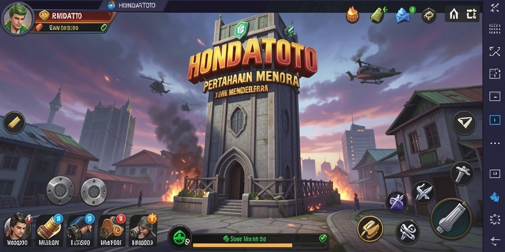 Screenshot gameplay HONDATOTO menampilkan serangan menara yang intens.