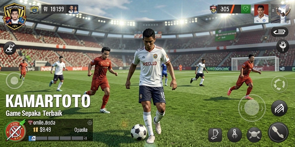 Tampilan gameplay KAMARTOTO dengan aksi pertandingan sepak bola yang mendebarkan.