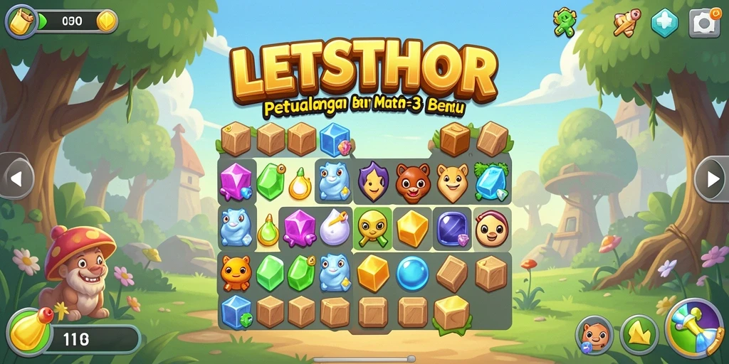 Screenshot gameplay LETSTHOR menampilkan aksi seru dalam menggabungkan benda-benda Match-3.