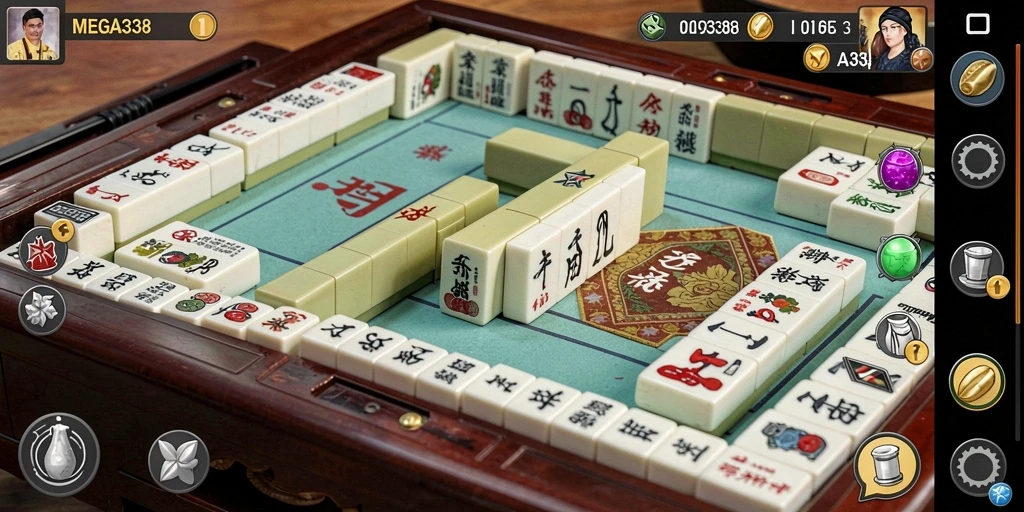 Screenshot MEGA338 menampilkan gameplay Mahjong yang menarik dan penuh strategi.