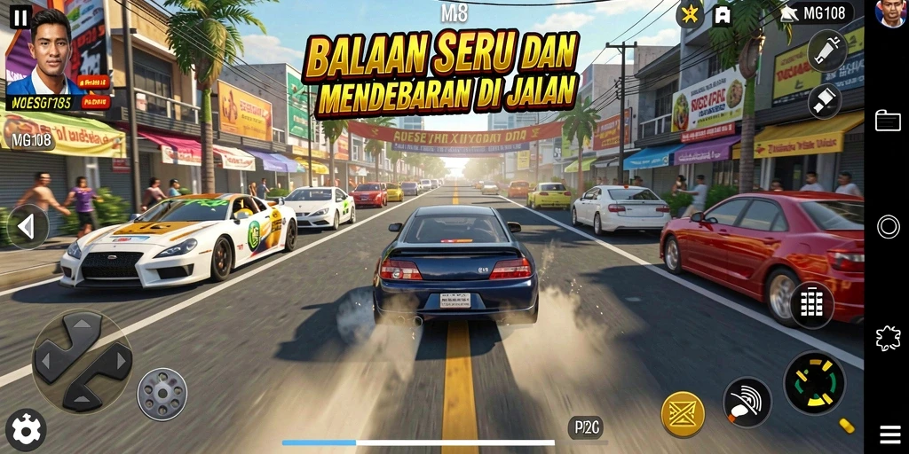 Screenshot MG108 menunjukkan aksi balapan seru di jalanan yang menantang.