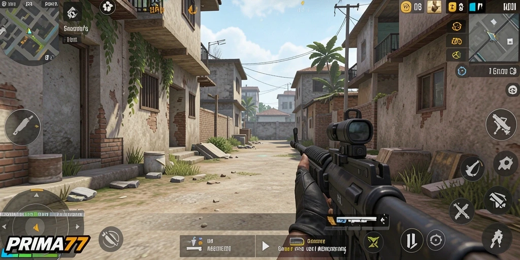 Tangkapan layar PRIMA77 menampilkan aksi pertempuran FPS yang intens.