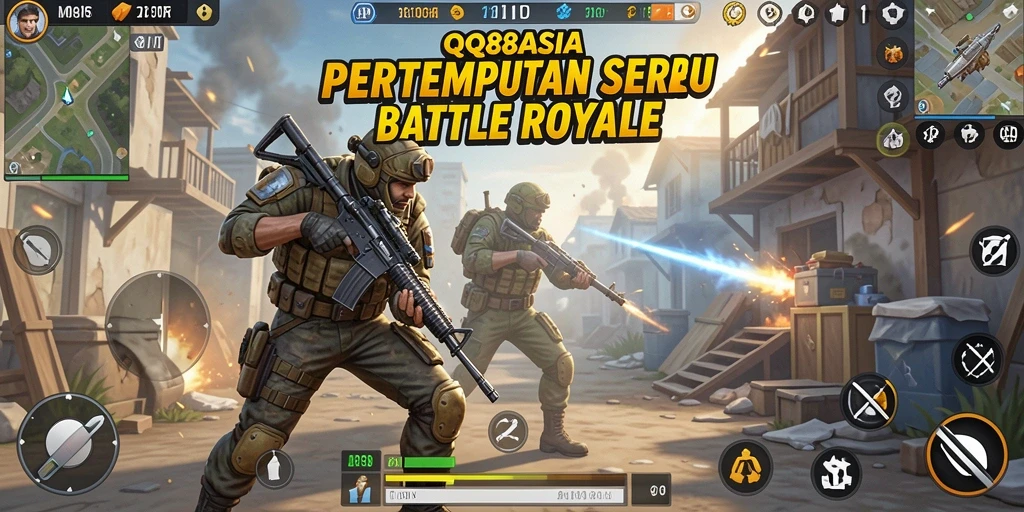 Screenshot gameplay QQ88ASIA menampilkan aksi seru pertempuran Battle Royale.