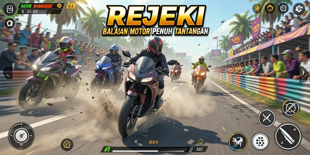 Screenshot gameplay menunjukkan aksi balapan motor yang mendebarkan.