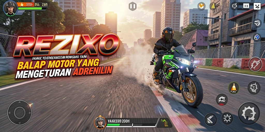 Tampilan gameplay seru di REZIXO dengan aksi balap motor yang mendebarkan.