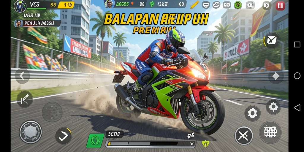 Tampilan gameplay seru saat balapan motor di trek menantang.